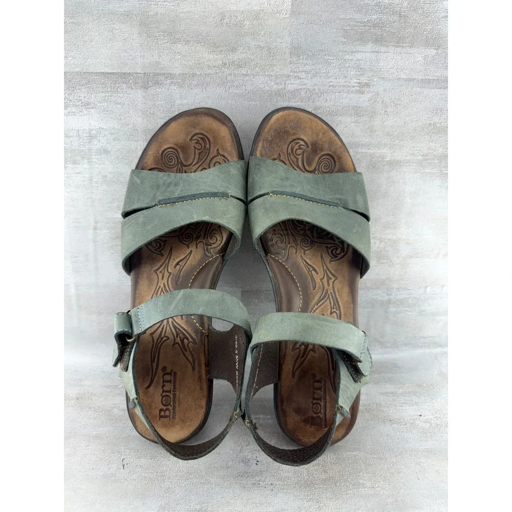 Born B89504 Green Leather Wedge Sandals Women Sz 9 Ankle Strap Comfort Boho